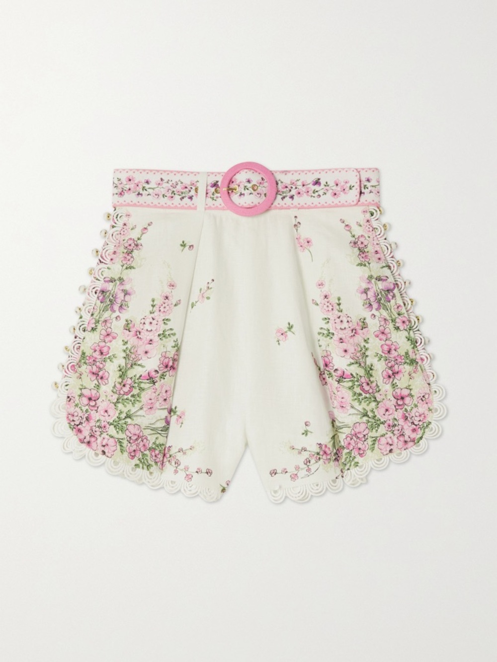 Zimmerman Floral Scallop-Trim High-Waist Shorts in Pink and Cream